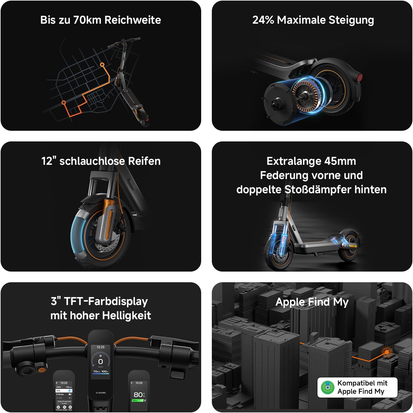 Xiaomi E-Scooter, 6 Max, mit Deutscher Straßenzulassung (Max 20km/h, bis 75km Reichweite, 12" Tubeless-Reifen, Doppelfederung, Doppelbremse, Apple Find My, App, Faltbarer Scooter)